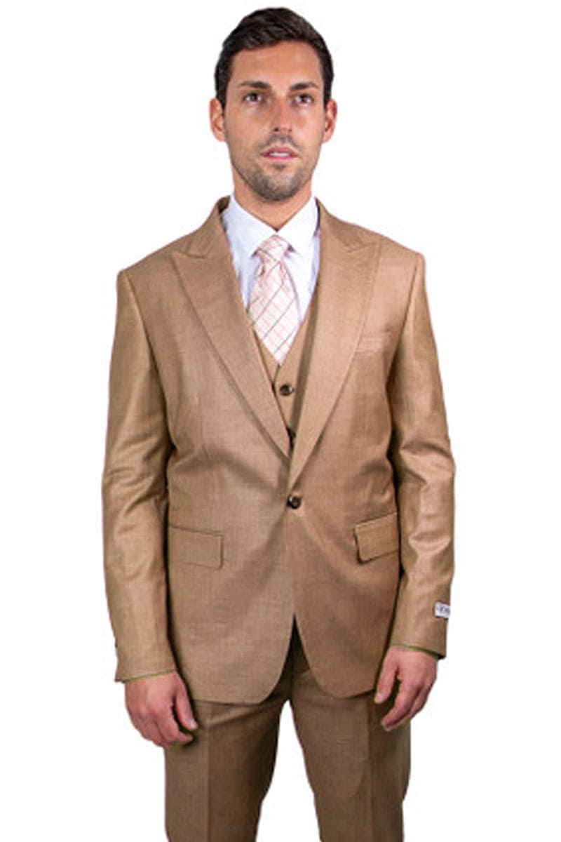 Mens Stacy Adams Suit - Stacy Adams Suit Men's Sharkskin Suit - Taupe, One Button Peak Lapel Vested