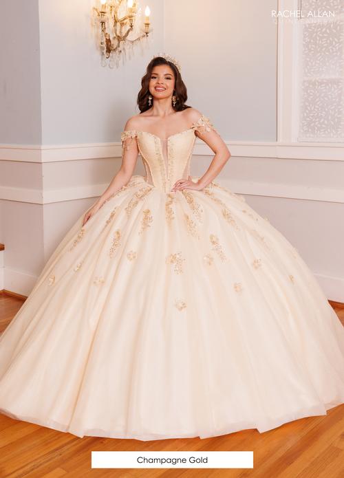 Off-Shoulder Corset Dress with 3D Floral AppliquƩs QuinceaƱera Ball Gown by Rachel Allan RQ9003
