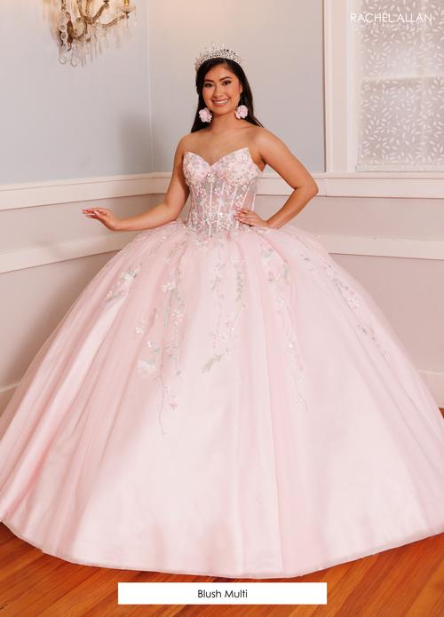 Strapless QuinceaƱera Ball Gown Floral Lace Corset Tulle Princess Dress by Rachel Allan RQ9000