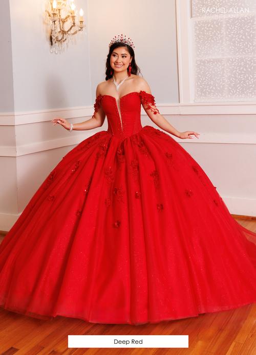 Off-Shoulder Corset Dress with 3D Floral AppliquƩs QuinceaƱera Ball Gown by Rachel Allan RQ9003