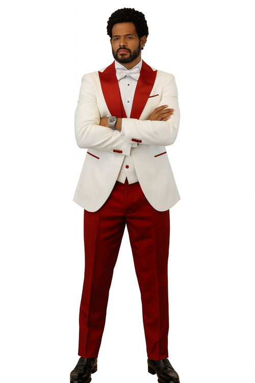 White tuxedo jacket with red lapel/accents, matching red pants, and shawl vest. White bow tie. Smooth fabric, formal aesthetic. Cohesive color scheme.