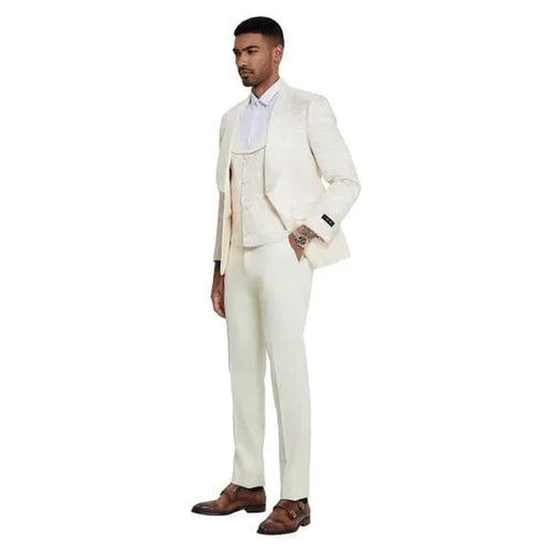 Ivory Paisley 3pc Men's Suit Tuxedo by Tazzio