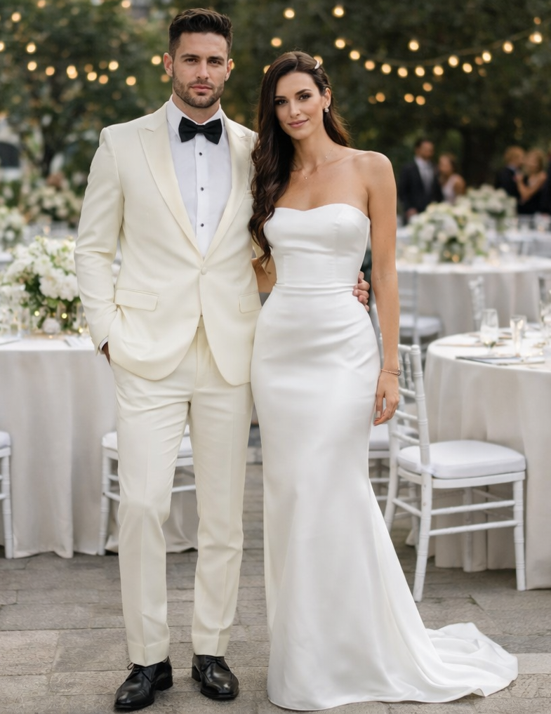 Ivory peak lapel slim-fit tuxedo: single-breasted, peak lapels, button closure. Smooth fabric with slight sheen. Includes coordinating ivory trousers for a cohesive formal look.