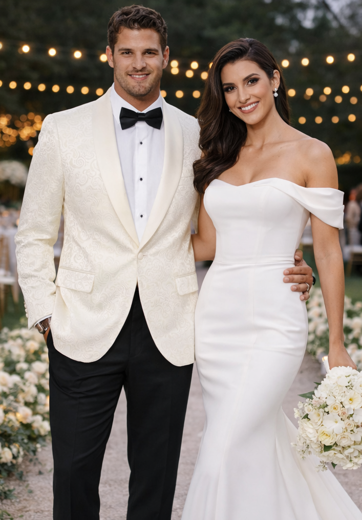 Alberto Nardoni men's ivory paisley tuxedo jacket. Intricate paisley design on ivory, satin shawl collar. Paired with black trousers for a formal look.