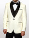 Men's ivory tuxedo with a black lapel, featuring a single-button closure and a black vest underneath. The material appears to be 100% wool with black piping on the pockets.