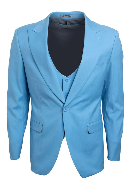 "Mens Stacy Adams Suit -Stacy Adams Suit Men's Vested Suit - One Button Peak Lapel in Sky Blue"