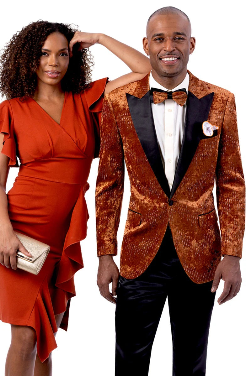 Men’s Designer Orange Rust Velvet Tuxedo Jacket with Studded Detail – Prom and Wedding