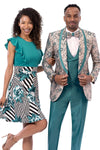 Mens Teal Green Satin Tuxedo – Geometric Print Vested Formal Style