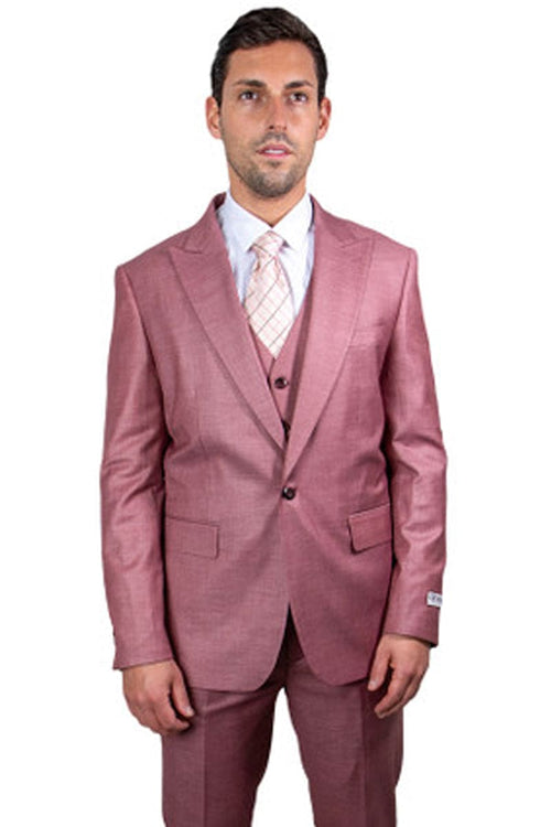 "Mens Stacy Adams Suit -Stacy Adams Suit Men's Sharkskin Suit - One Button Peak Lapel Vested in Salmon Pink"