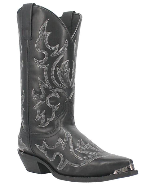 Laredo Men's Jameson cowboy boots. Tall, black leather with silver flame stitching. Pointed toe, slight heel. Curved top edges and pull loops for easy wear.