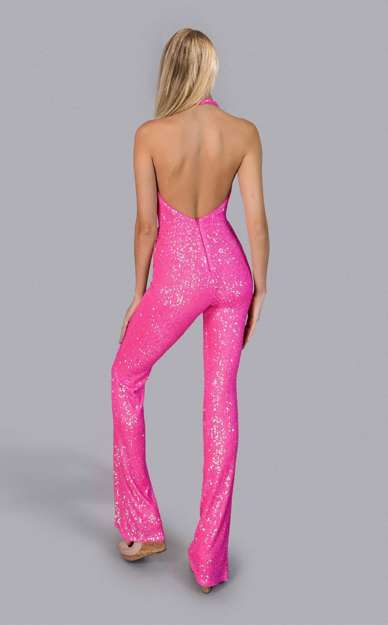 Jessica Angel JA2665 Plunging V Halter Neck Evening Sequin Jumpsuit