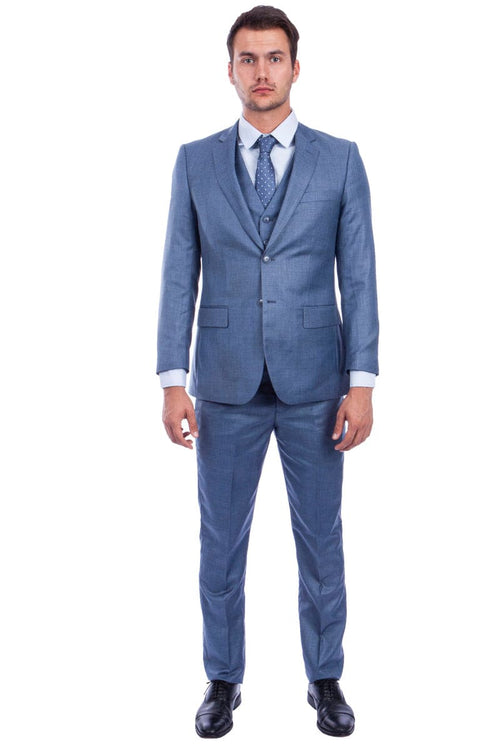 "Ocean Blue Sharkskin Wedding & Business Suit - Men's Two Button Hybrid Fit Vested"