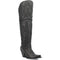 Dan Post Jilted women's black over-the-knee boot. Sleek, tall design with a snip toe, crafted from smooth black leather with decorative stitching. Features a full-length side zipper and a block heel.
