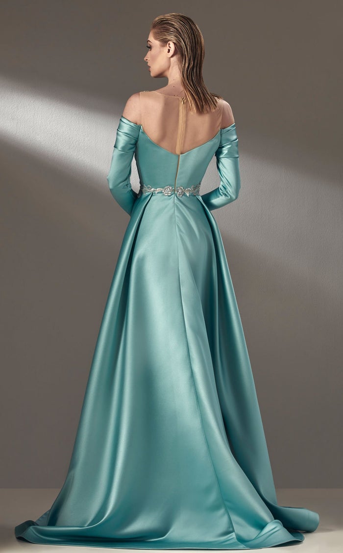 MNM Couture K3886 Aqua Illusion Bateau Gown with Slit