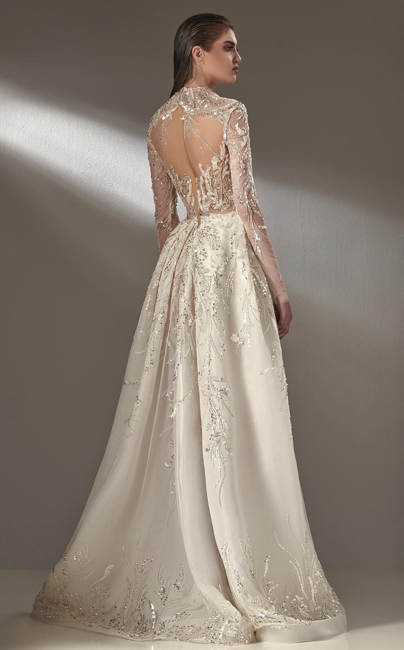 MNM Couture K3895 Off-White Beaded Lace Gown with Overlay Skirt