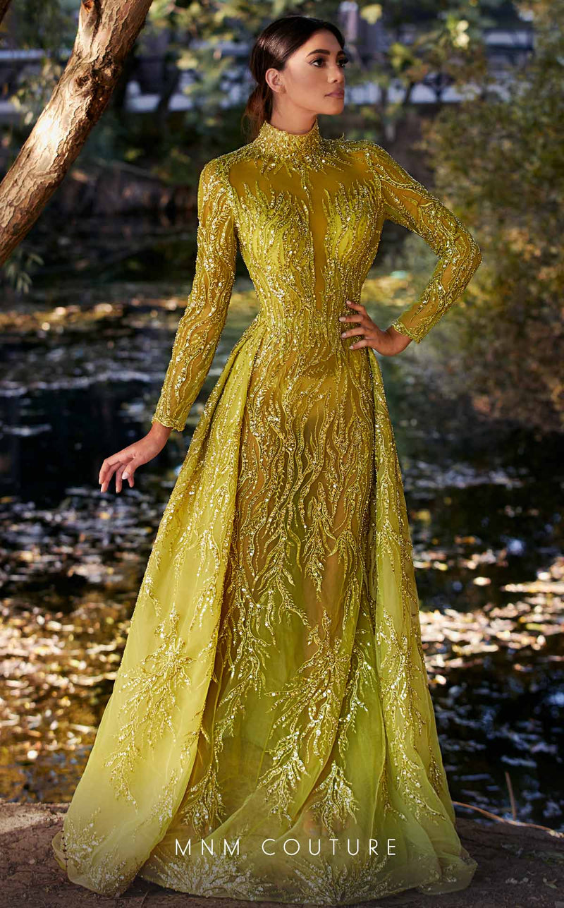 MNM Couture K3926 Olive Beaded High Neck Gown