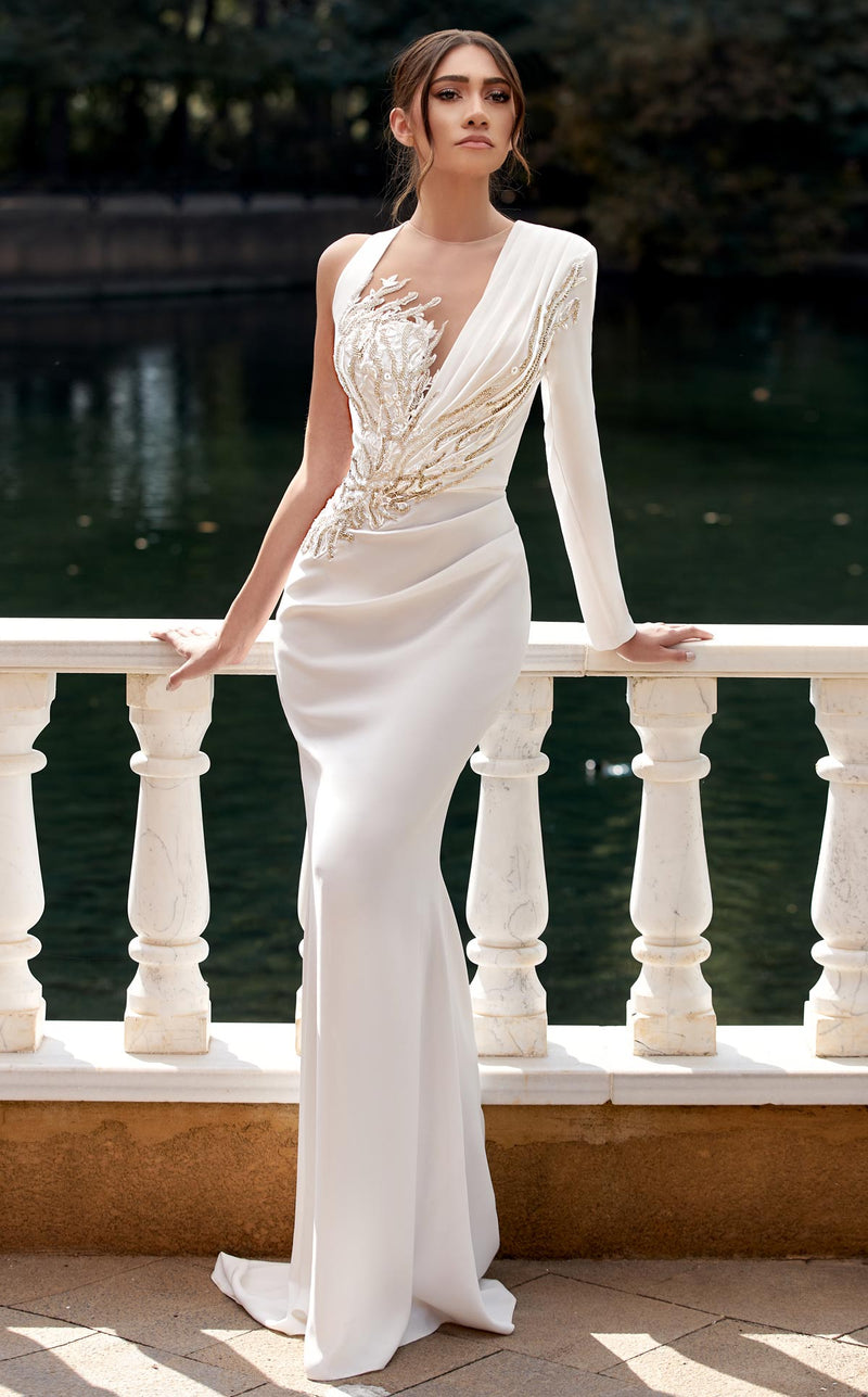MNM Couture K3940 Blue Beaded Long Sleeve Mermaid Gown