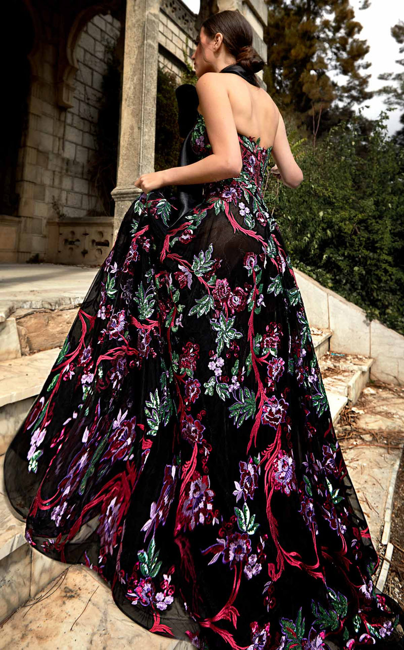 MNM Couture K3951 Black Floral Embroidered Halter Evening Gown