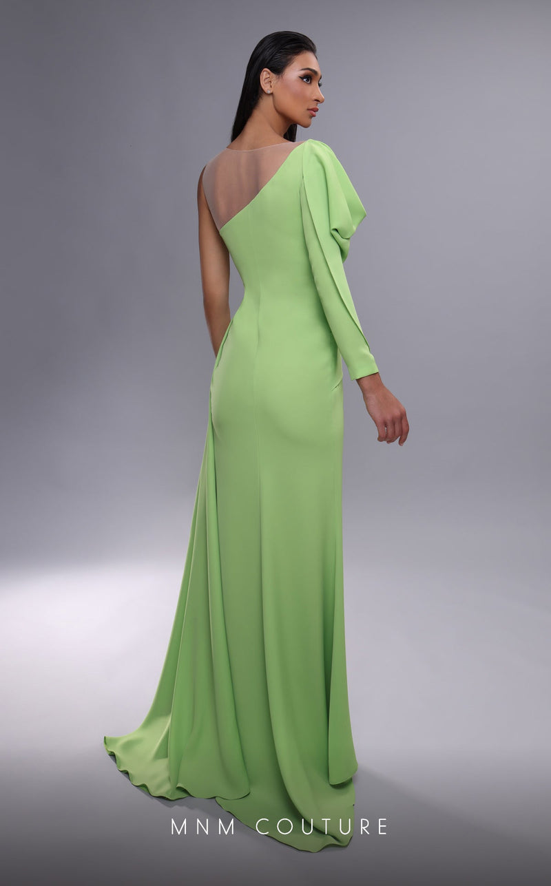 MNM Couture K4086 Orange Gown with Draped Puff Sleeves & High Slit