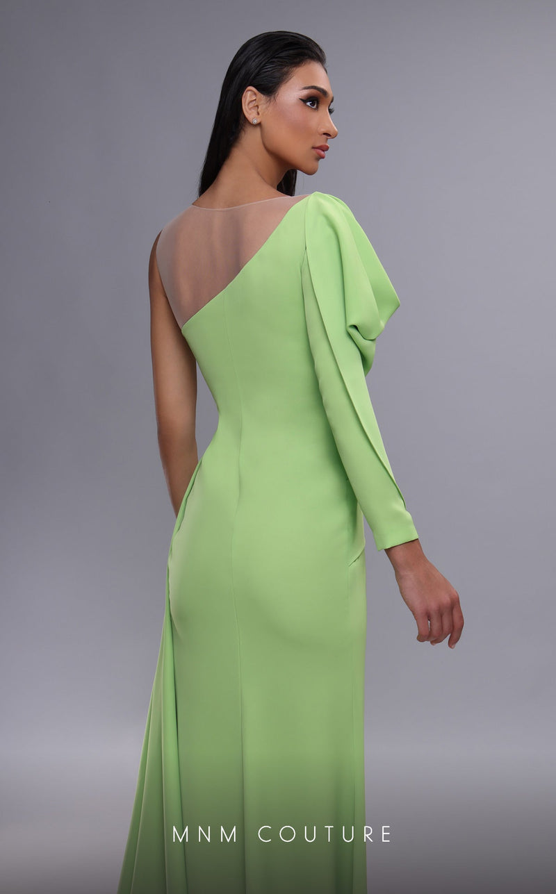 MNM Couture K4086 Orange Gown with Draped Puff Sleeves & High Slit