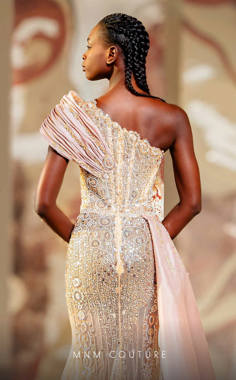 MNM Couture K4151 Beige One-Shoulder Gown with Embellishment