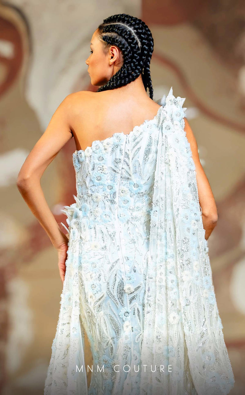 MNM Couture K4173 One-Shoulder Blue Embroidered Evening Gown