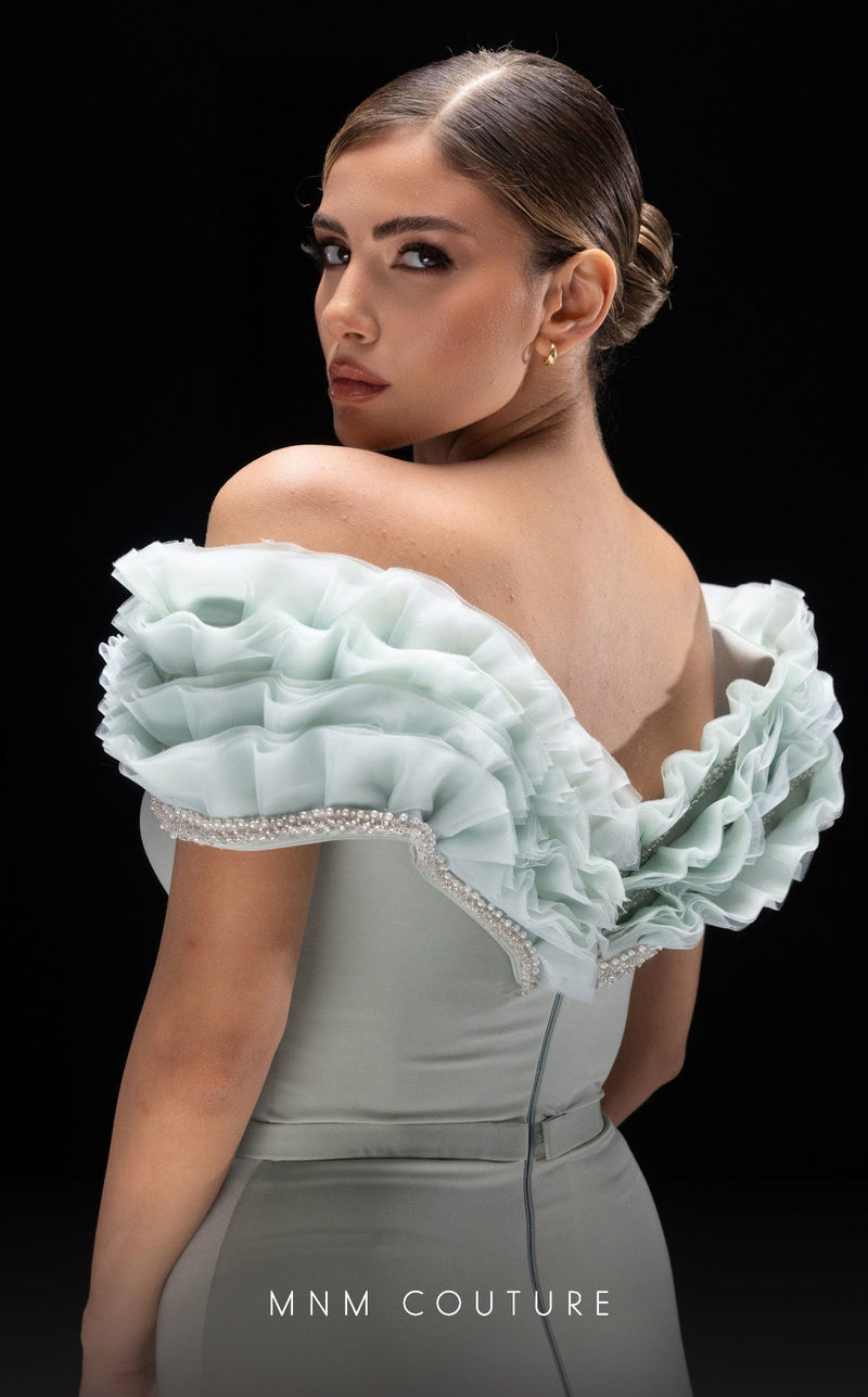 MNM Couture K4228 Aqua Off-Shoulder Evening Gown