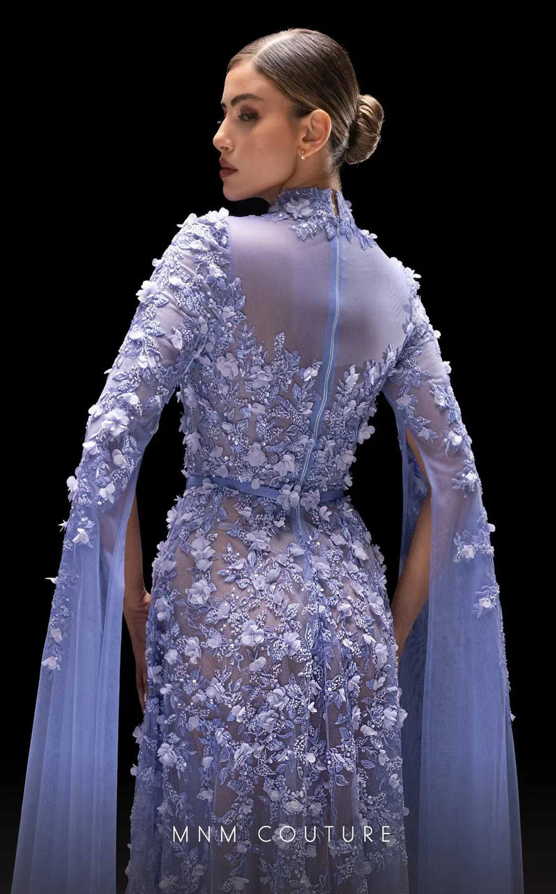 MNM Couture K4236 Blue High-Neck Long Sleeve Gown