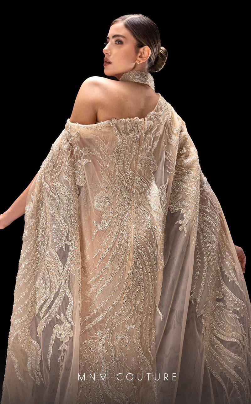 MNM Couture K4241 One-Shoulder Long Gown in Beige