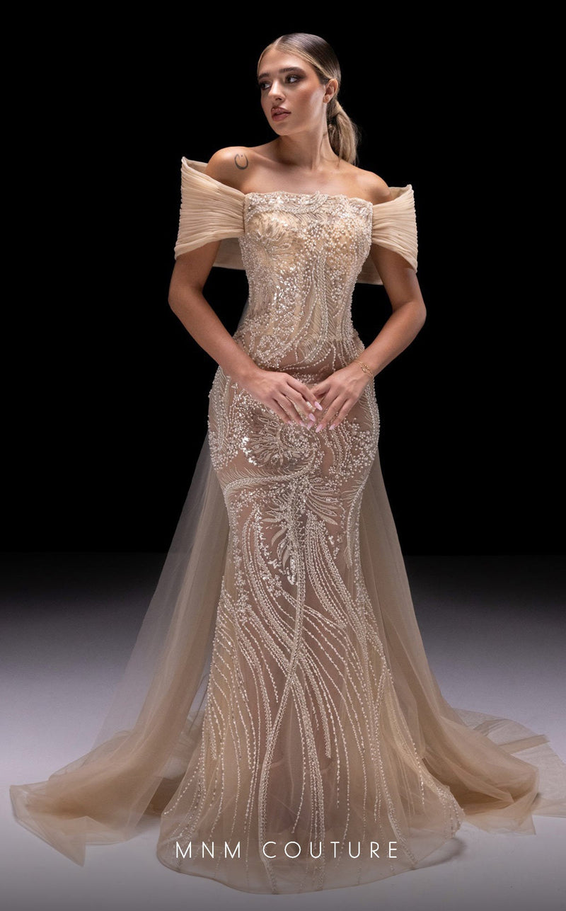 MNM Couture K4246 Off-Shoulder Beige Evening Gown
