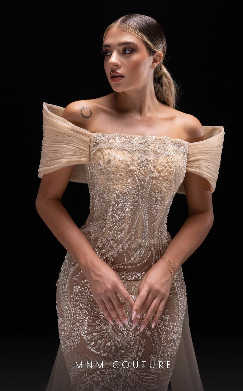 MNM Couture K4246 Off-Shoulder Beige Evening Gown