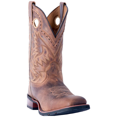 Laredo Men's Kane Leather Boot: Tall, brown cut leather with intricate stitching and raised designs. Features a pointed shaft, V-cutout, reinforced toe, durable black rubber sole, and pull straps.