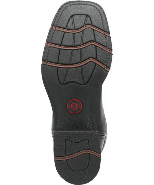 Laredo Men's Kane boot: Smooth black leather upper, rounded toe, and low-profile design. Rubber sole with a tread pattern and three grooves, featuring a brown accent line.