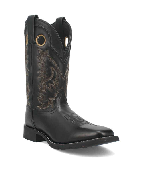 Laredo Men's Kane black leather boot with a tall shaft, rounded toe, and decorative stitching. Features dual pull tabs and a flat, slightly raised heel.