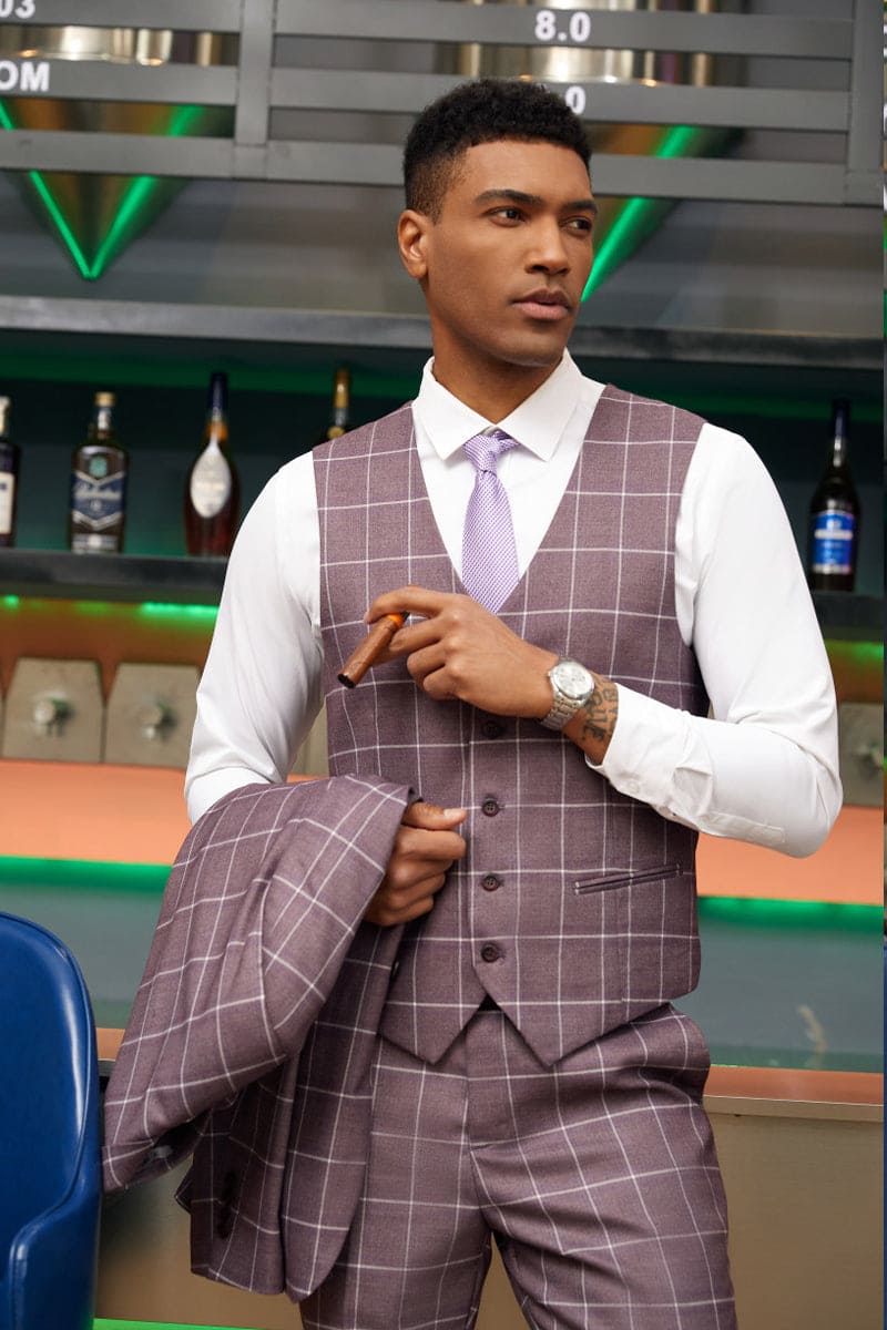 Mens Stacy Adams Suit - Stacy Adams Suit Men's Modern Fit Suit - One Button Vested in Lavender Plaid