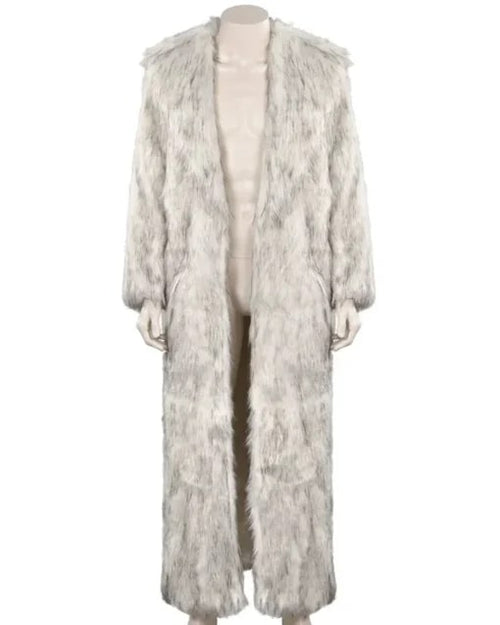 This men's luxury white fur coat features an open front design and long sleeves with fur cuffs. The coat’s fabric is soft and plush, showcasing a light gray-white color throughout.