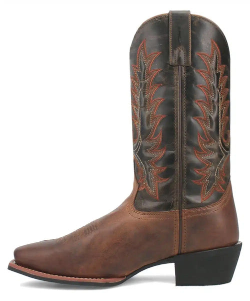 Laredo men's Kent boot. Pointed toe, structured silhouette. Dark & light brown leather upper with red/beige stitching. Decorative shaft pattern, low stacked heel.