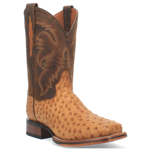 Dan Post Kershaw Saddle boot: Pointed toe, decorative stitched upper, dark brown shaft with western pattern. Light tan ostrich leather foot. Stacked heel, smooth leather lining.