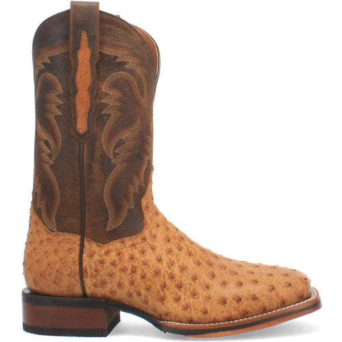 Dan Post Men's Kershaw Cowboy Boot. Pointed toe, raised heel. Brown leather upper with intricate stitching. Light tan genuine ostrich foot. Pull tab for easy wear. Durable sole with contrasting heel.