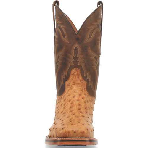Dan Post Kershaw cowboy boot. Men's boot with a dual-tone design: light tan ostrich lower, dark brown stitched upper. Pointed top, rounded toe, and traditional cowboy styling.