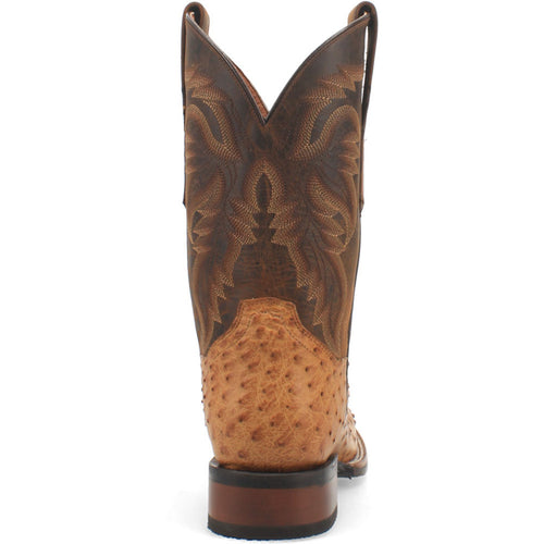Dan Post Kershaw cowboy boot. Men's boot with tall shaft, pointed toe. Rich brown leather upper with tan ostrich foot. Intricate stitching, stacked heel, pull tabs.