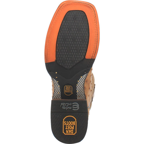 Dan Post Kershaw cowboy boot. Men's boot with tan ostrich leather upper and brown leather outsole. Features orange/black rubber sole with tread and logo.
