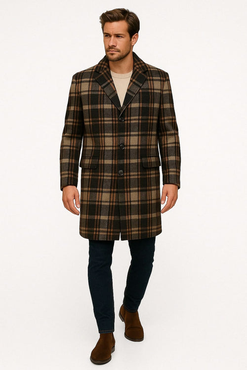 Mens Plaid Wool Overcoat – Khaki and Brown and Cream Check Pattern Winter Coat