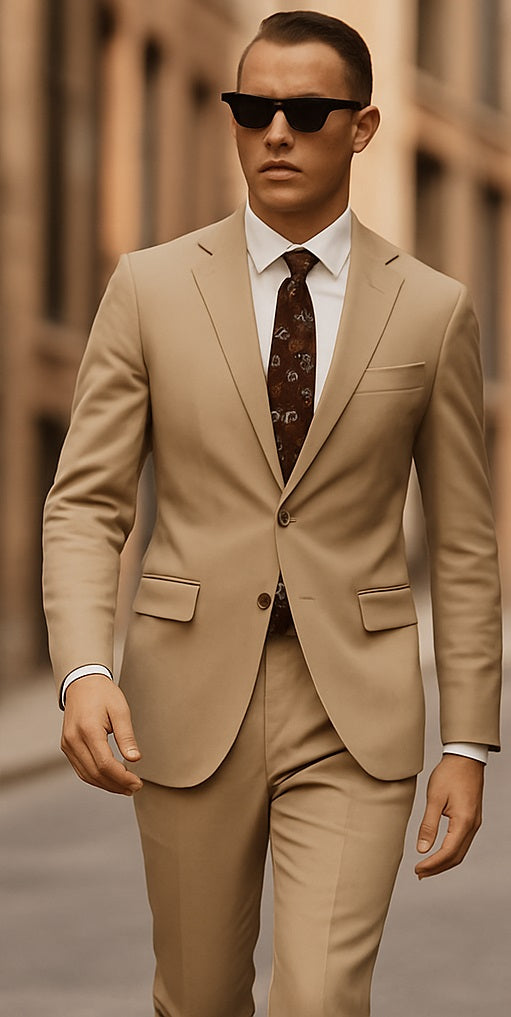 Alberto Nardoni men's khaki cotton suit: fitted, single-breasted jacket, straight-leg trousers. Light khaki cotton, chest & front pockets. Notched lapel. Includes patterned tie.