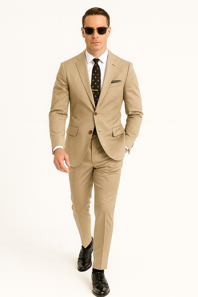 Khaki cotton suit. Fitted, single-breasted jacket with notch lapels, two pockets. Slim-fit tailored trousers.