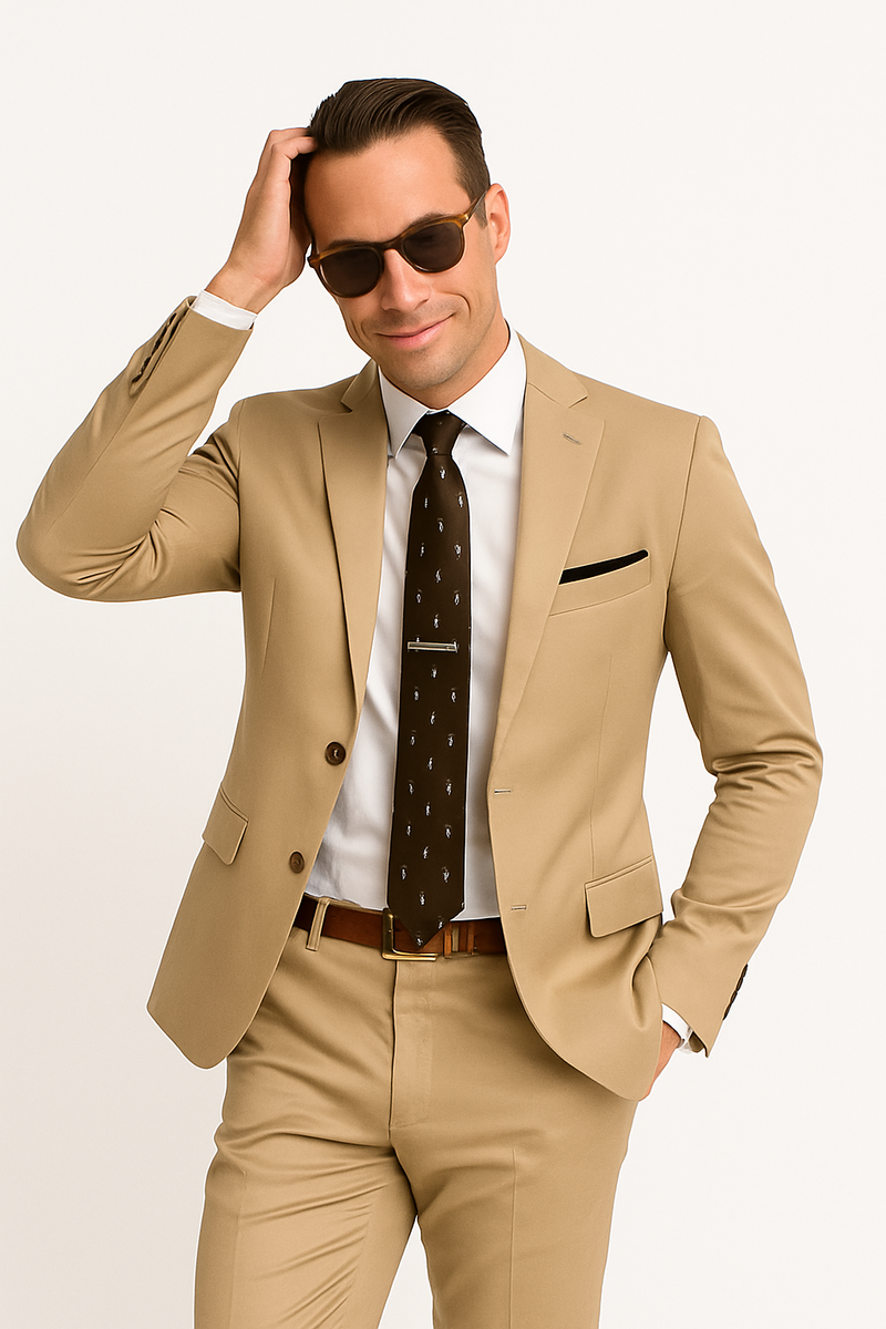 Khaki cotton summer suit. Tailored fit, solid tan color, single-breasted jacket (2 buttons, notch lapel), straight-leg trousers. Includes a brown belt, white shirt & patterned black tie.