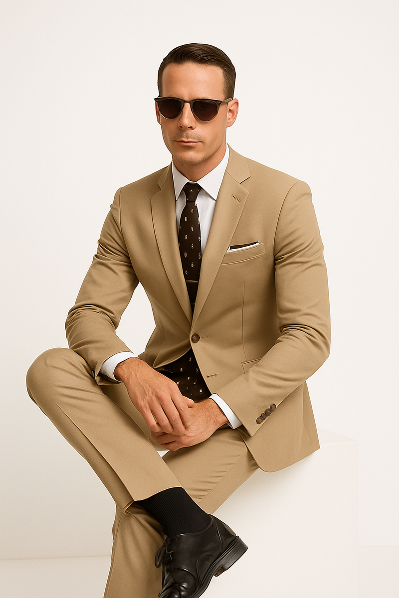 Khaki cotton suit with tailored fit. Single-breasted jacket, flat-front trousers. Light tan color, smooth fabric. Notch lapel, breast pocket. Includes patterned tie and black leather shoes.
