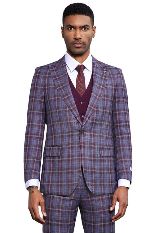 Lavender purple, fitted Stacy Adams suit with bold windowpane plaid. Single-breasted blazer, notched lapel, matching vest. Features prominent purple plaid pattern.