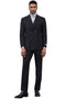 Stacy Adams men's black double-breasted suit. Tailored jacket, straight-cut trousers, slim fit. Smooth, likely wool blend fabric with subtle sheen. Paired with gray turtleneck, black ankle boots, maintaining a dark aesthetic.
