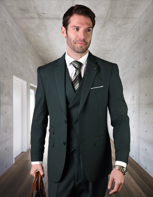 Hunter green, slim-fit men's suit. Two-button jacket, double-breasted vest. Primarily wool, tailored silhouette with notched lapels. Smooth fabric. Vest features button details.